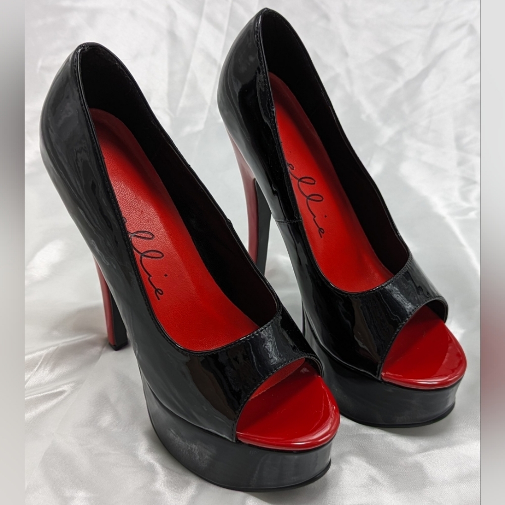 Ellie Women's US 8 Flirty Black & Red Bonnie Platform Pump Peep Toe Stilettos